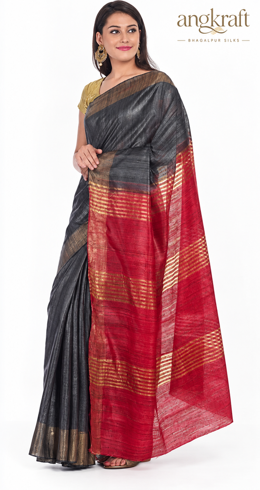 Handwoven Dual Tone Zari Border Bhagalpuri Tussar Ghicha Silk Saree