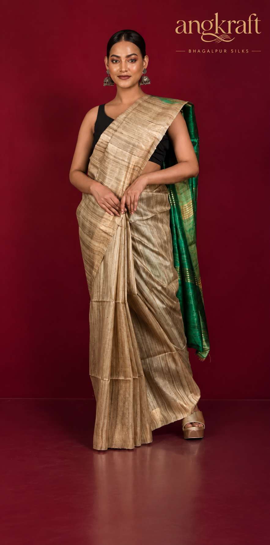 Handwoven Dual Tone Zari Border Bhagalpuri Tussar Ghicha Silk Saree