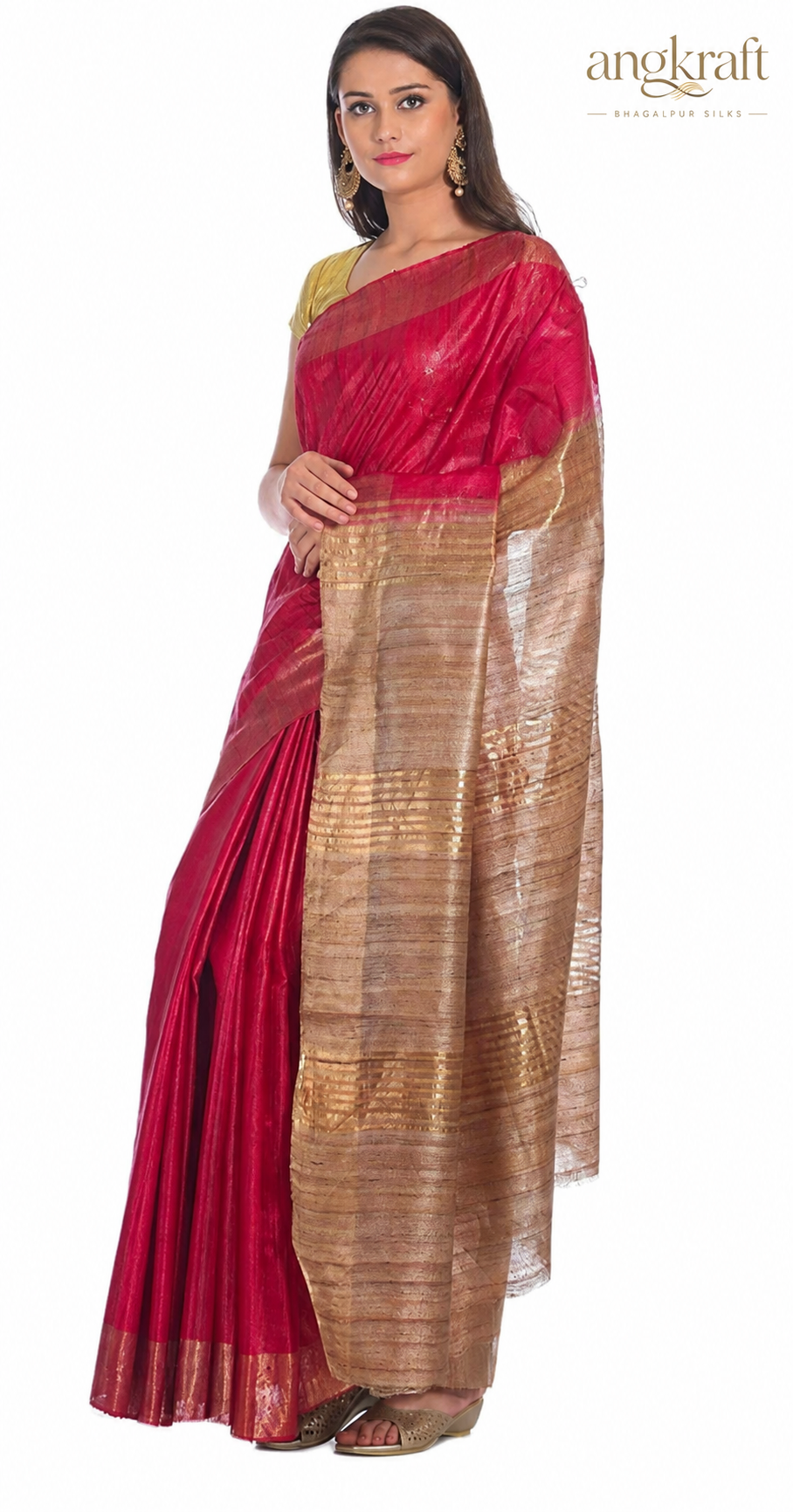 Handwoven Dual Tone Zari Border Bhagalpuri Tussar Ghicha Silk Saree