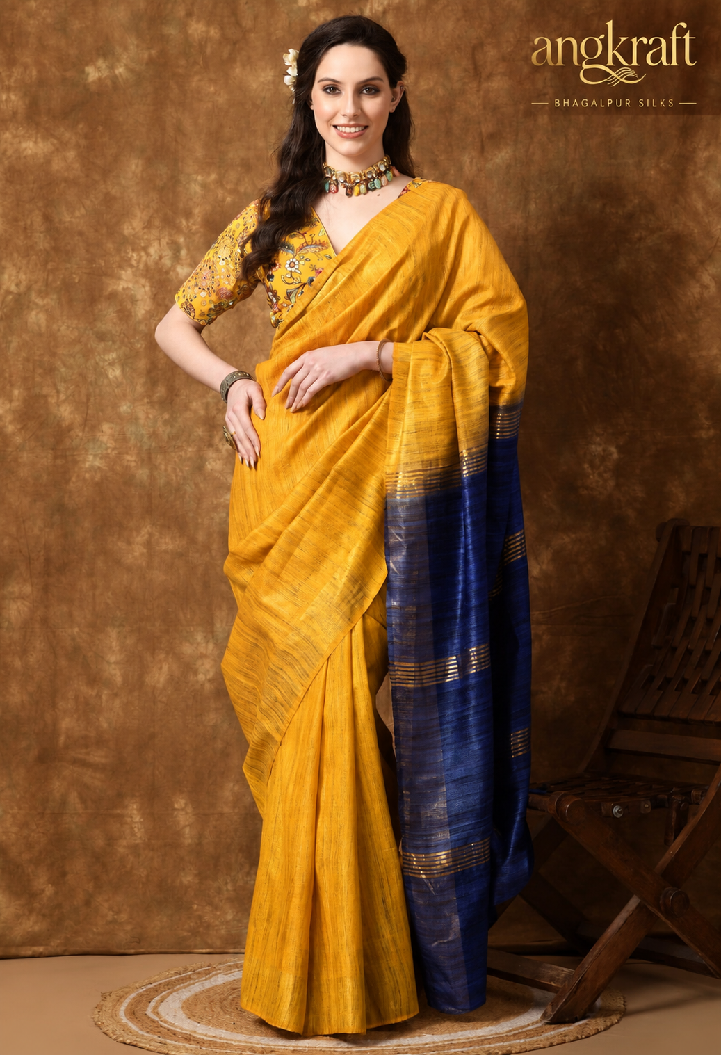 Handwoven Zari Border Dual Tone Bhagalpuri Tussar Ghicha Silk Saree
