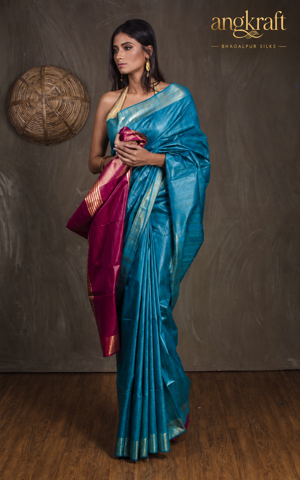 Handwoven Zari Border Dual Tone Bhagalpuri Tussar Ghicha Silk Saree