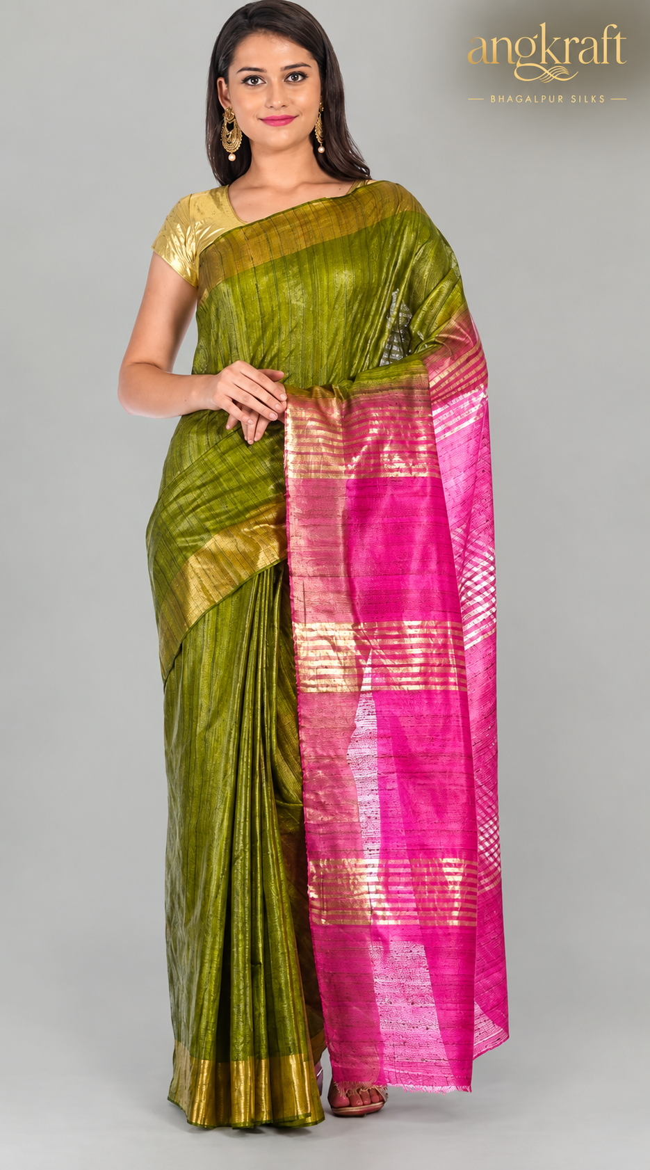 Handwoven Dual Tone Zari Border Bhagalpuri Tussar Ghicha Silk Saree