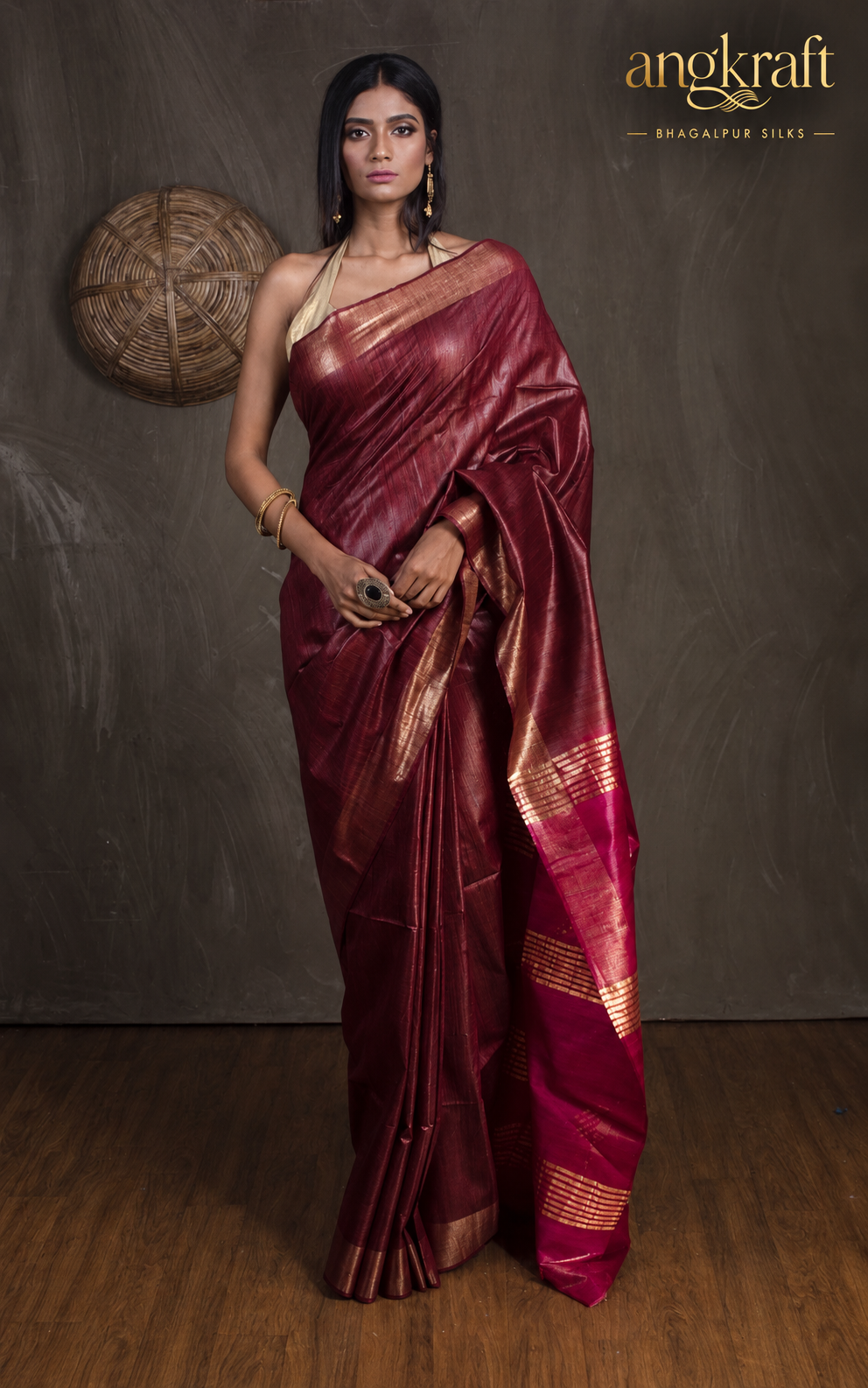 Handwoven Dual Tone Zari Border Bhagalpuri Tussar Ghicha Silk Saree