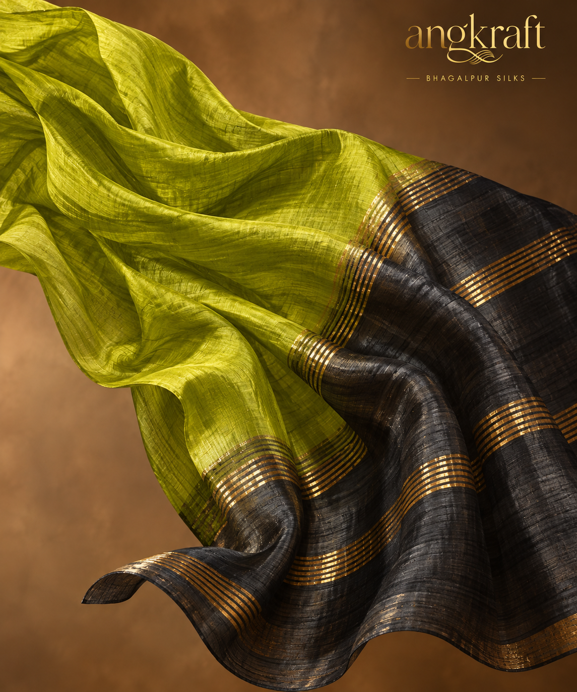 Handwoven Dual Tone Zari Border Bhagalpuri Tussar Ghicha Silk Saree