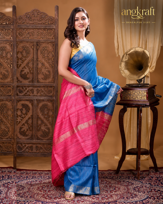 Handwoven Dual Tone Zari Border Bhagalpuri Tussar Ghicha Silk Saree