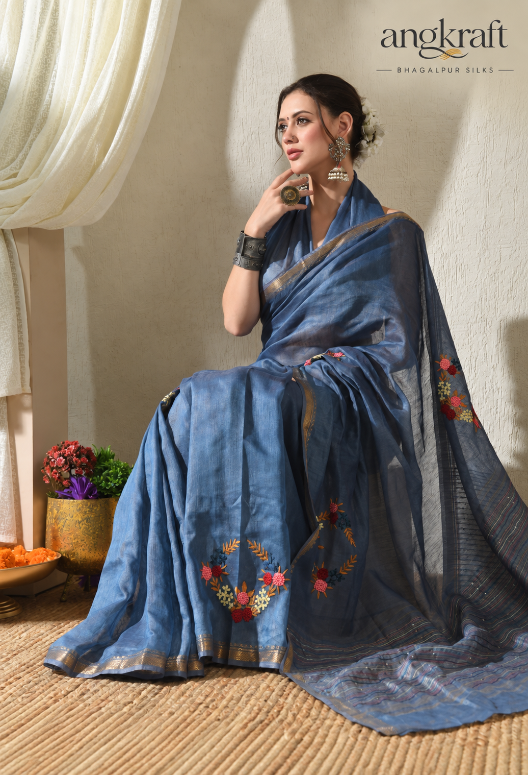 Bhagalpuri Linen Saree with Zari Border and Embroidery
