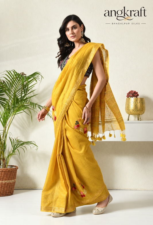 Bhagalpuri Linen Saree with Zari Border and Embroidery