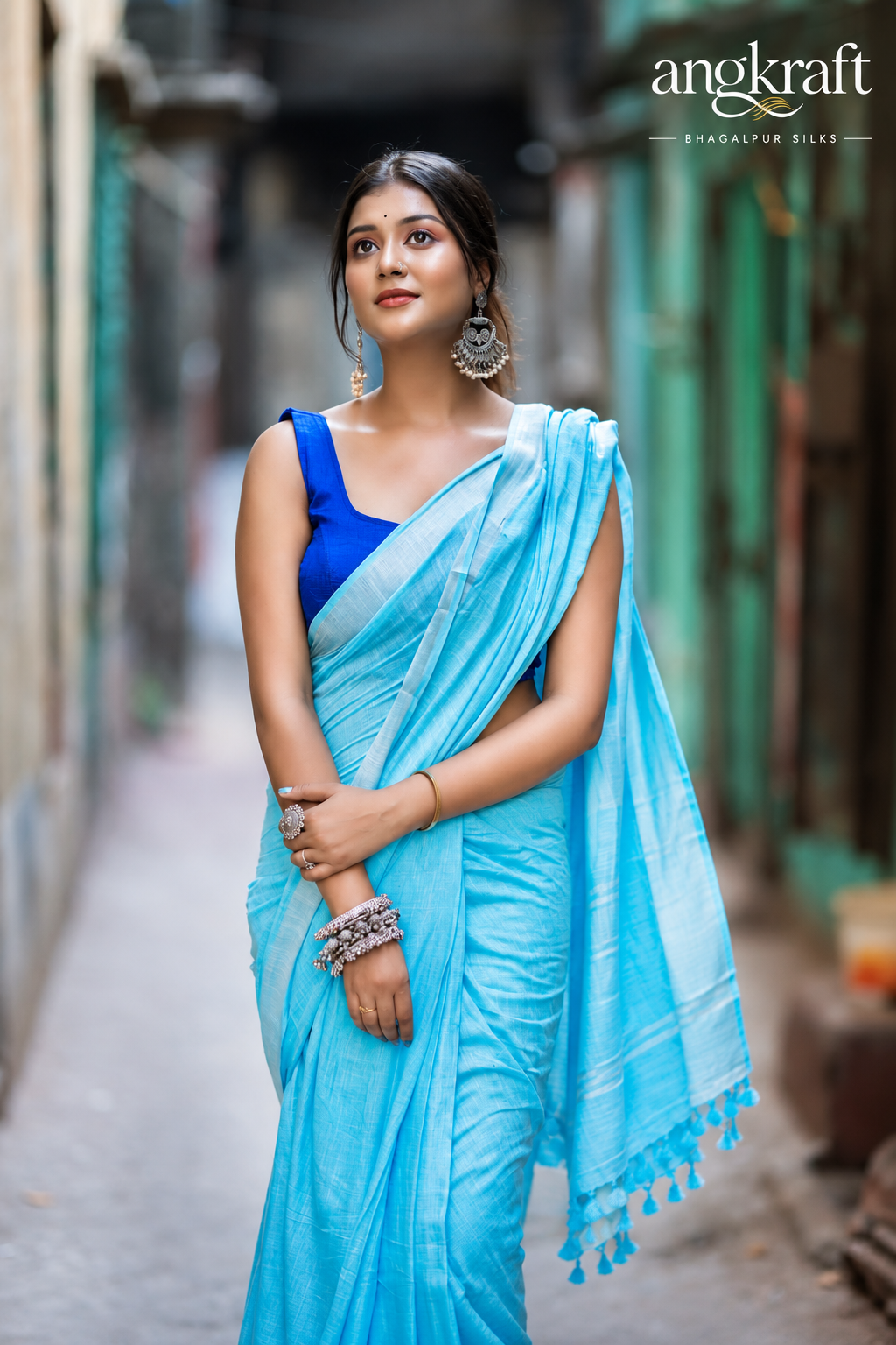 Bhagalpuri Plain Linen Saree with Stripes