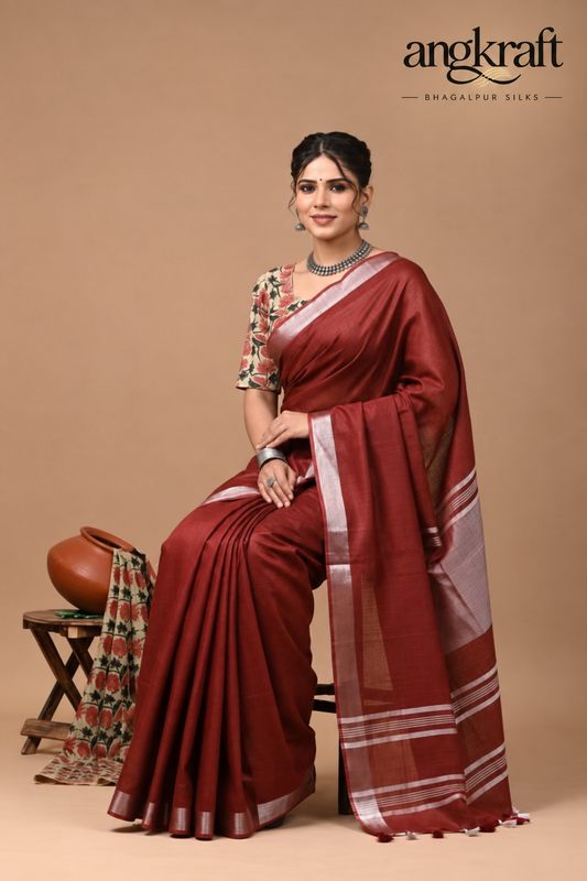 Bhagalpuri Plain Linen Saree with Stripes