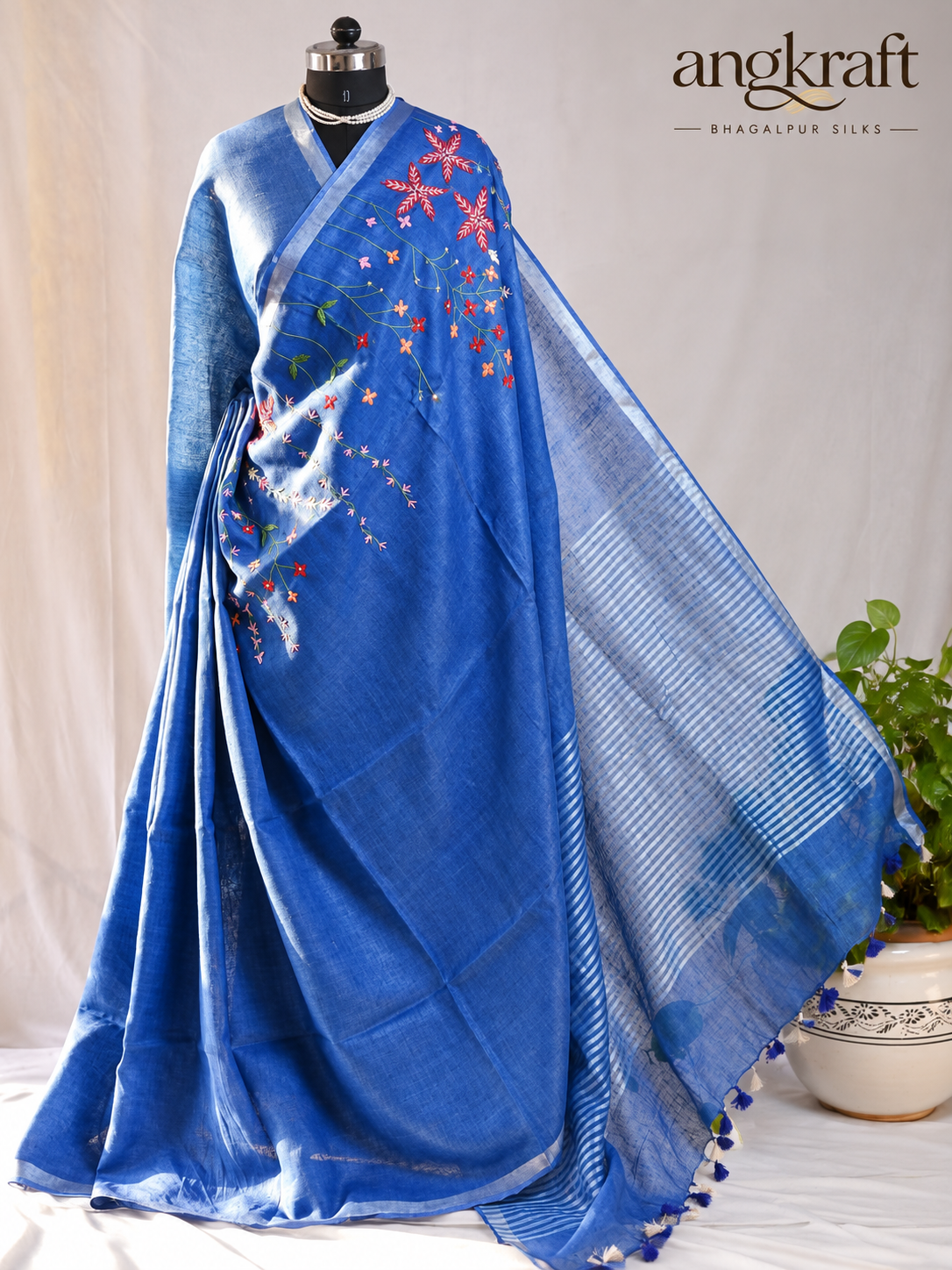 Bhagalpuri Linen Saree with Silver Border Zari and French Knot