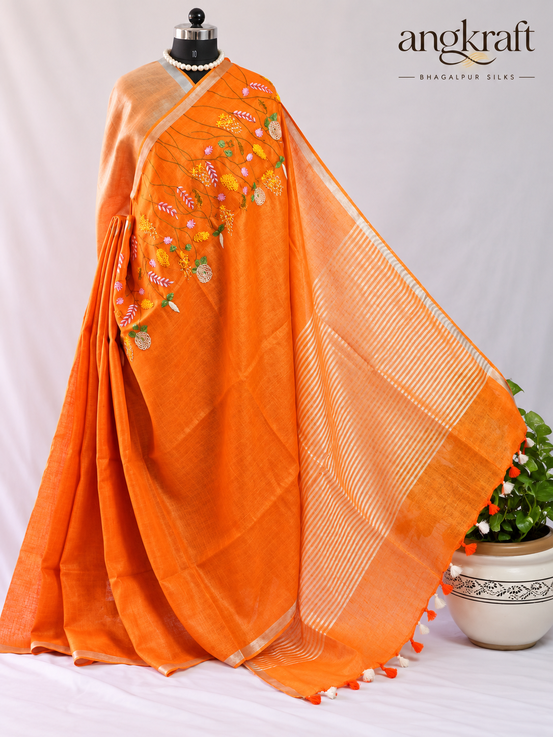 Bhagalpuri Linen Saree with Silver Border Zari and French Knot