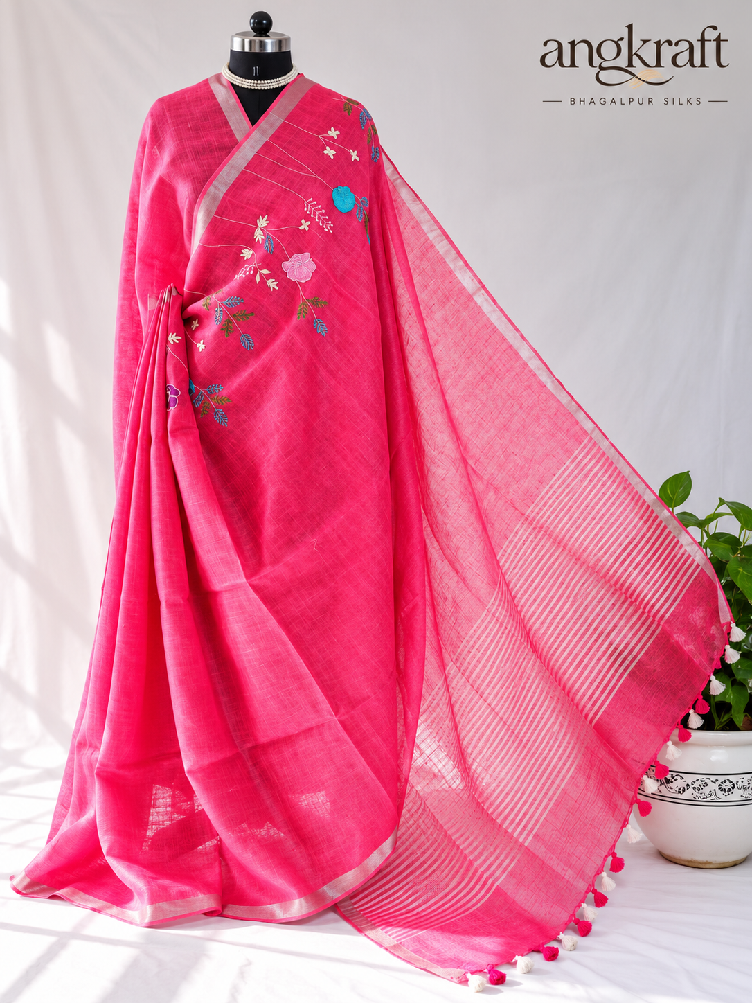 Bhagalpuri Linen Saree with Silver Border Zari and French Knot