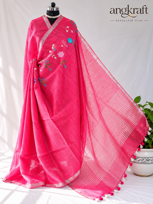Bhagalpuri Linen Saree with Silver Border Zari and French Knot