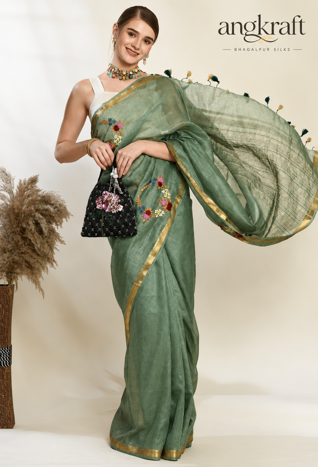 Bhagalpuri Linen Saree with Zari Border and Embroidery