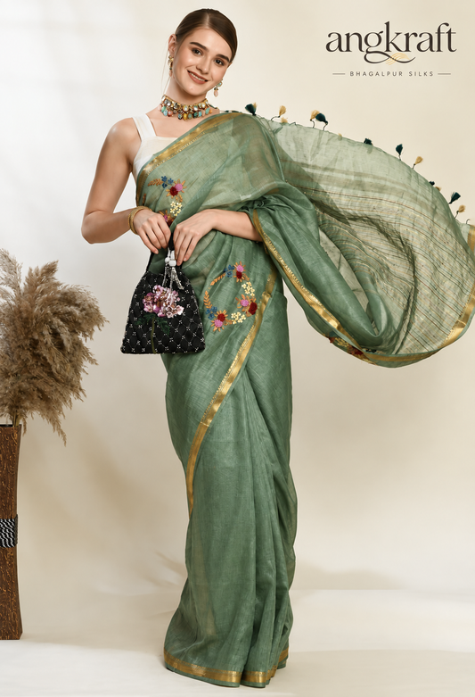 Bhagalpuri Linen Saree with Zari Border and Embroidery