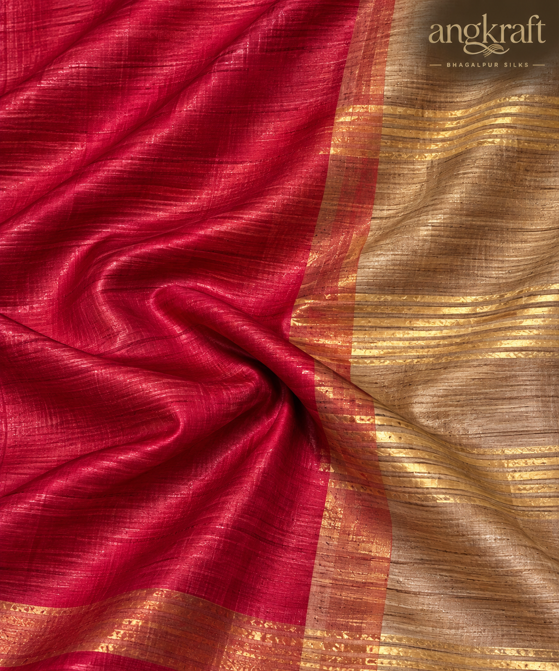 Handwoven Dual Tone Zari Border Bhagalpuri Tussar Ghicha Silk Saree