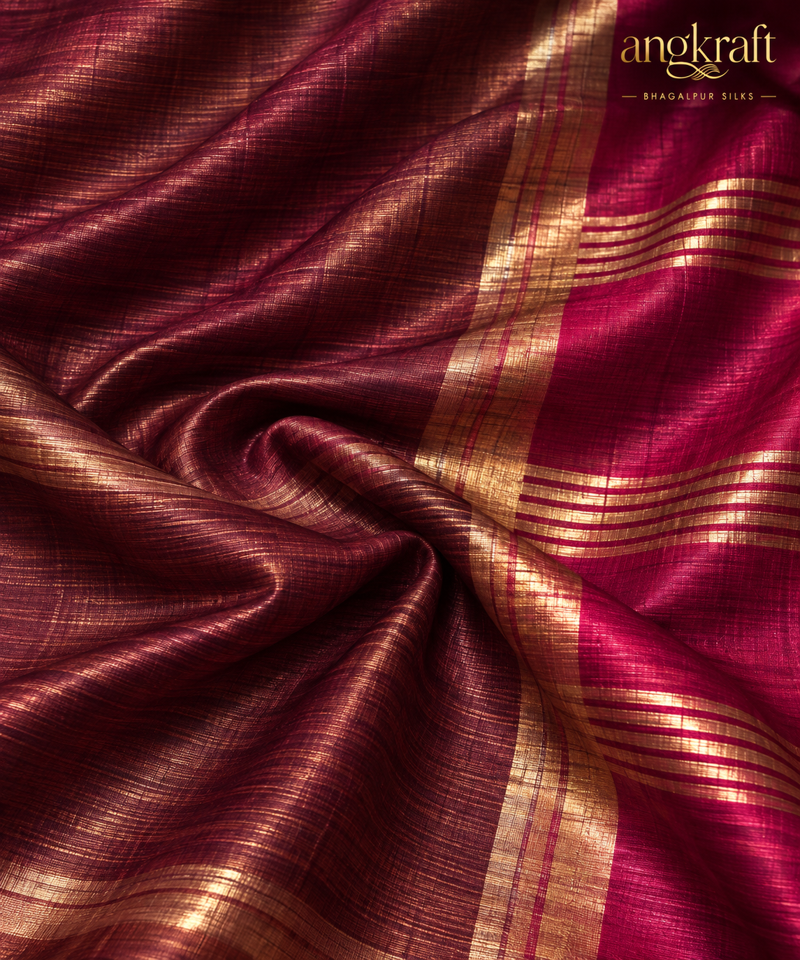 Handwoven Dual Tone Zari Border Bhagalpuri Tussar Ghicha Silk Saree