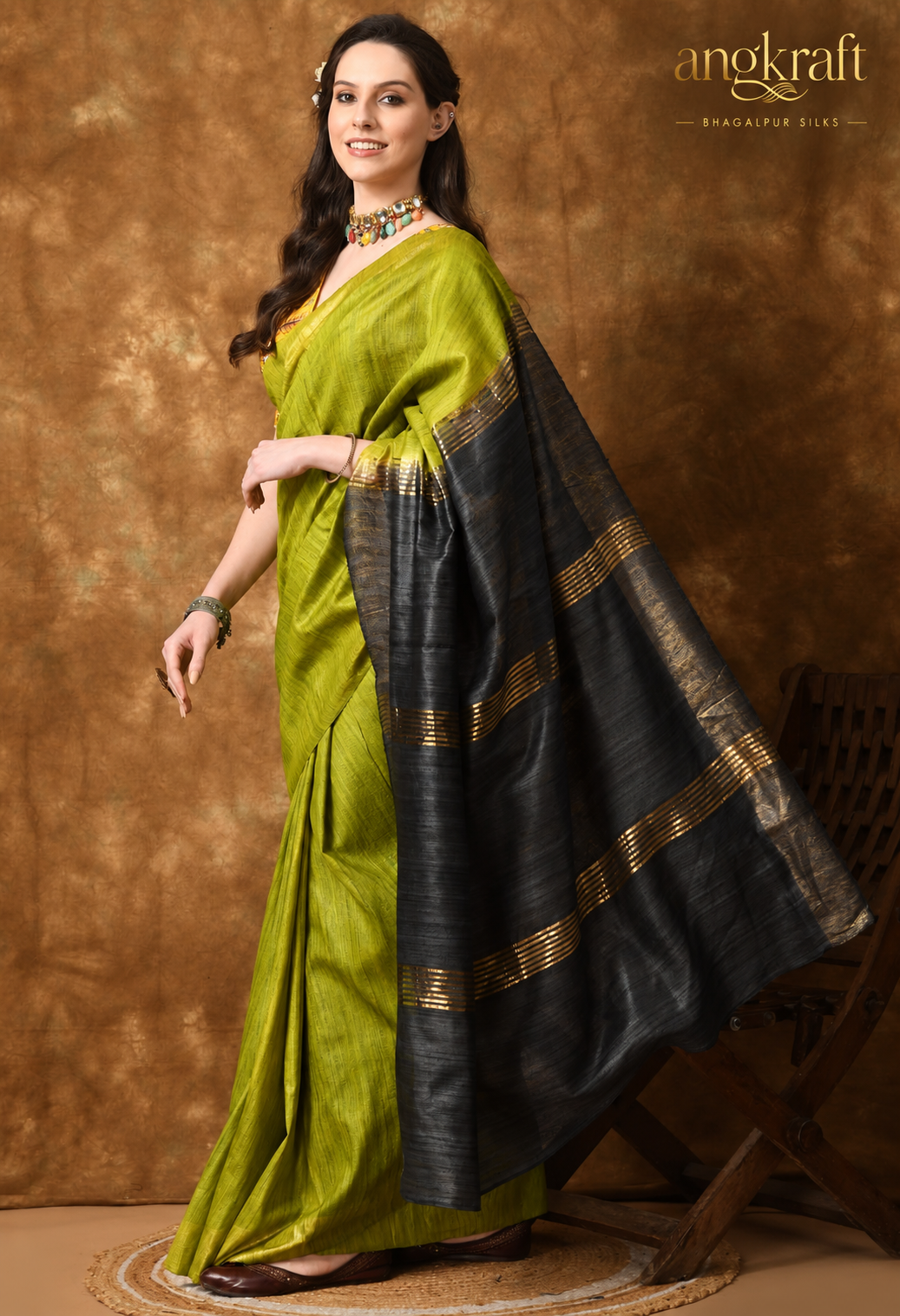 Handwoven Dual Tone Zari Border Bhagalpuri Tussar Ghicha Silk Saree