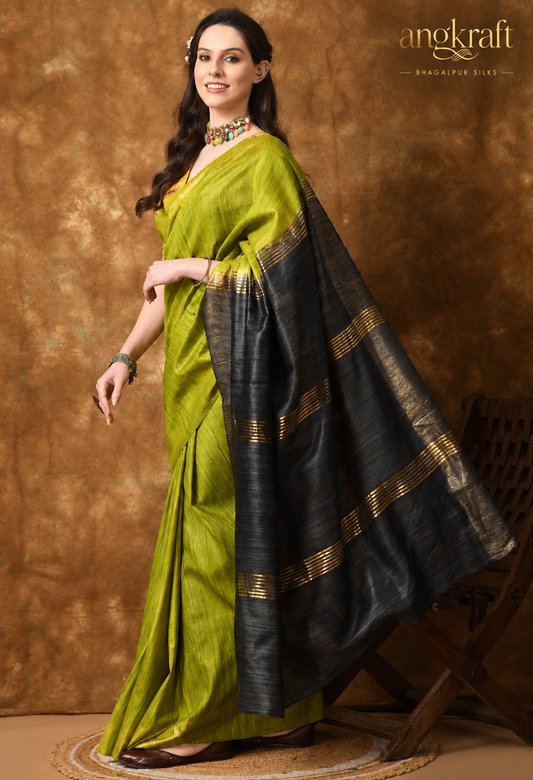 Handwoven Dual Tone Zari Border Bhagalpuri Tussar Ghicha Silk Saree