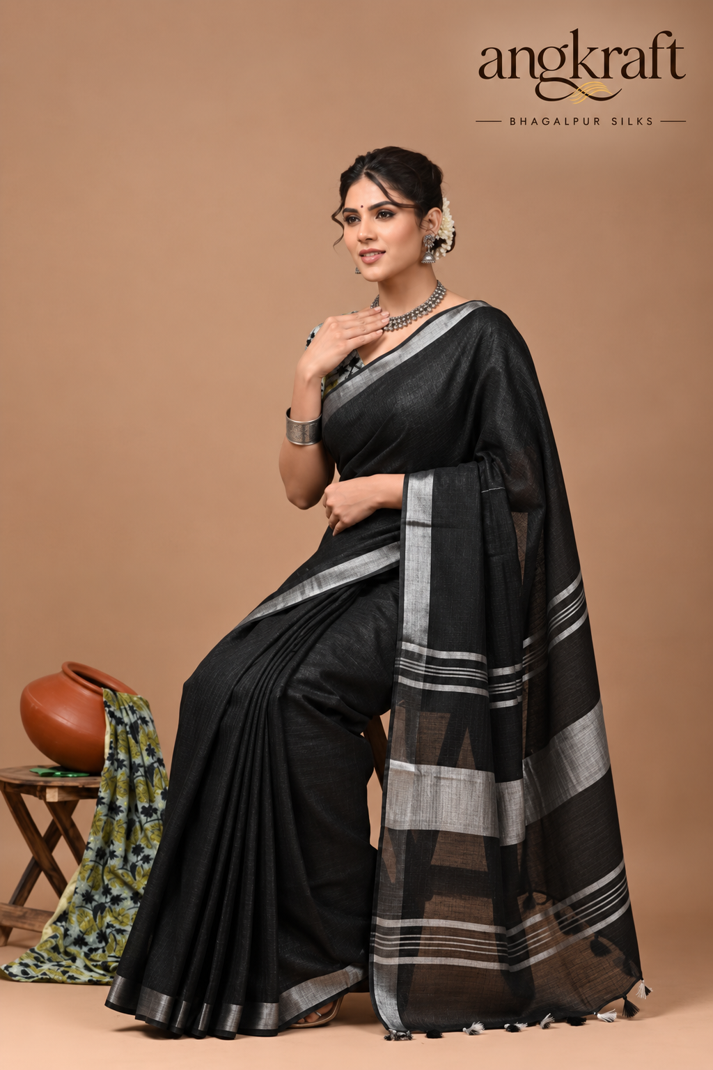 Bhagalpuri Plain Linen Saree with Stripes