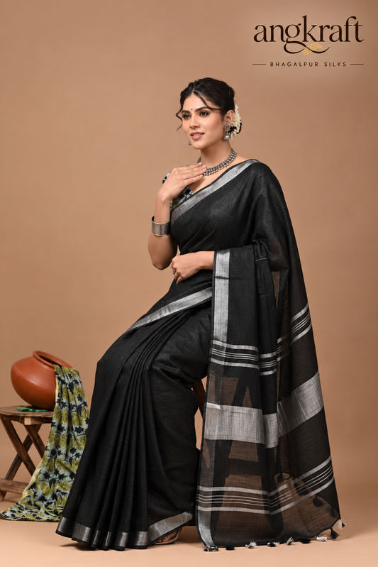 Bhagalpuri Plain Linen Saree with Stripes