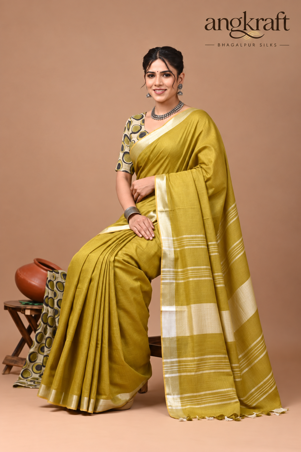 Bhagalpuri Plain Linen Saree with Stripes