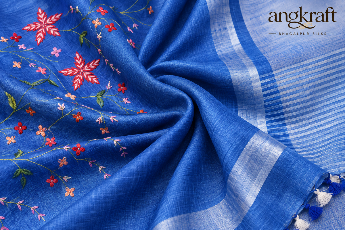 Bhagalpuri Linen Saree with Silver Border Zari and French Knot
