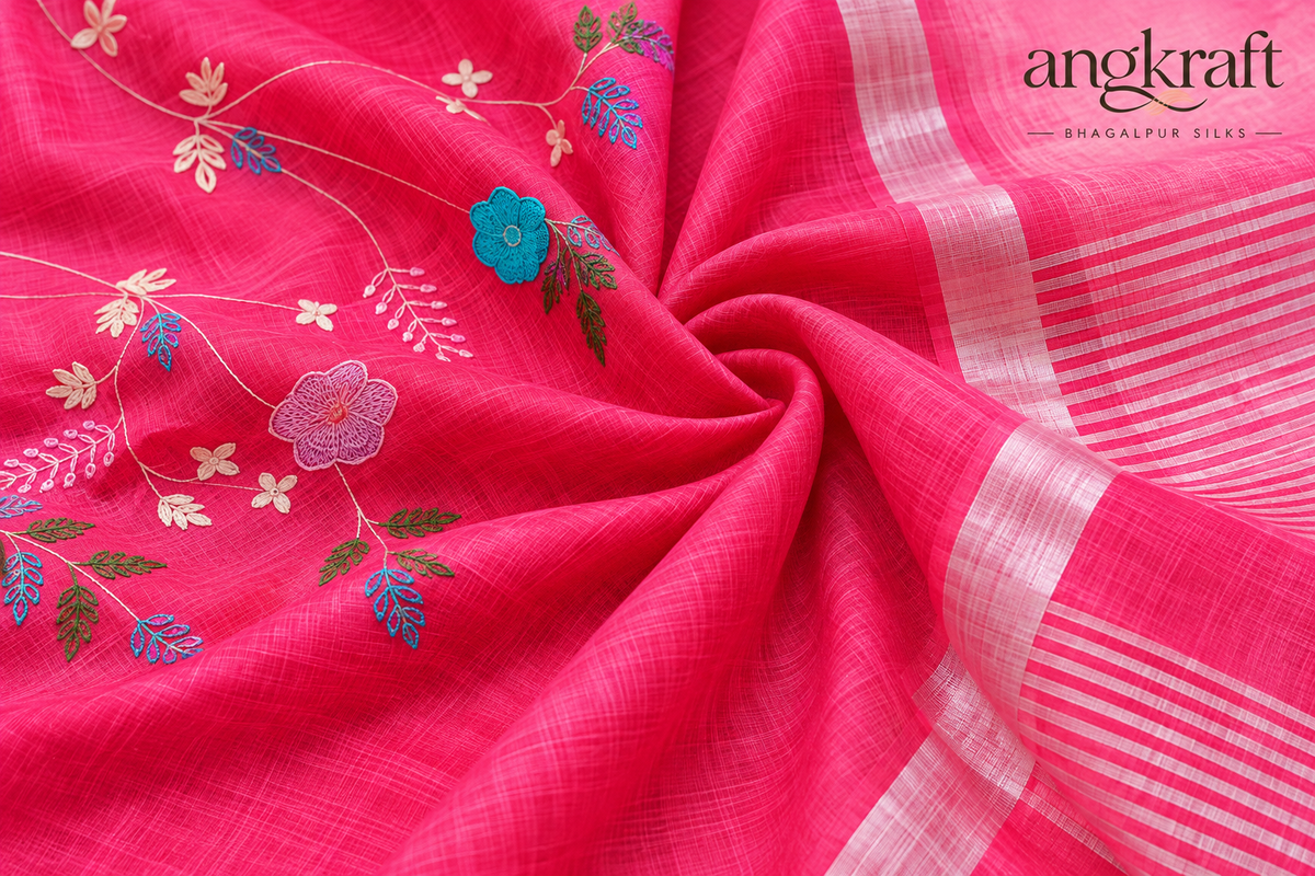 Bhagalpuri Linen Saree with Silver Border Zari and French Knot