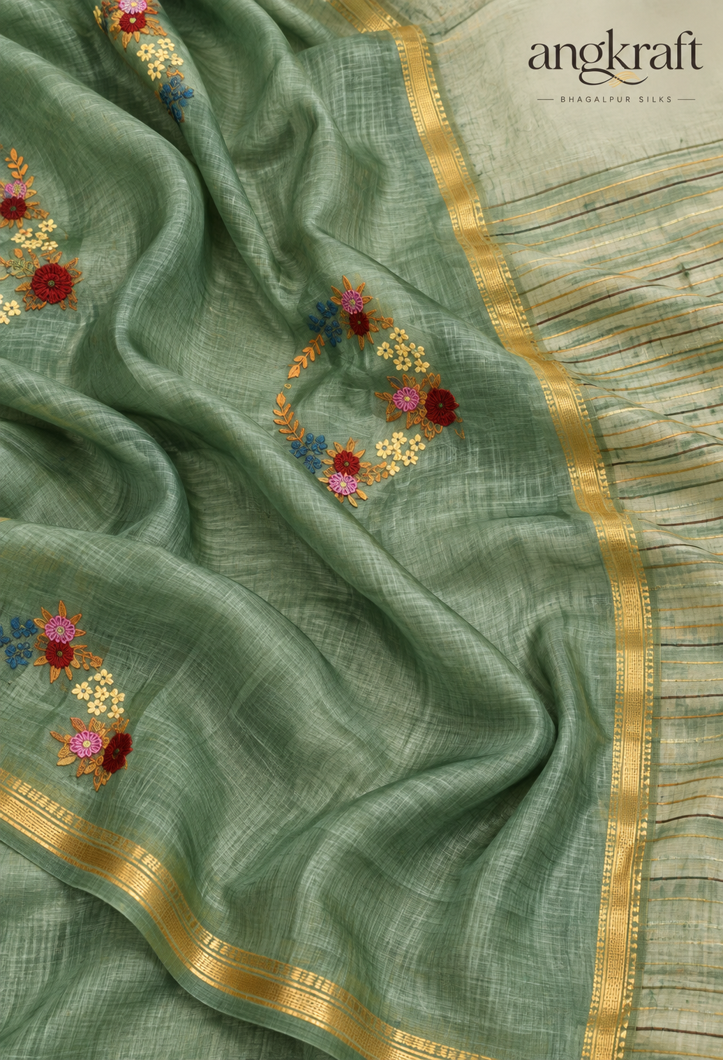 Bhagalpuri Linen Saree with Zari Border and Embroidery