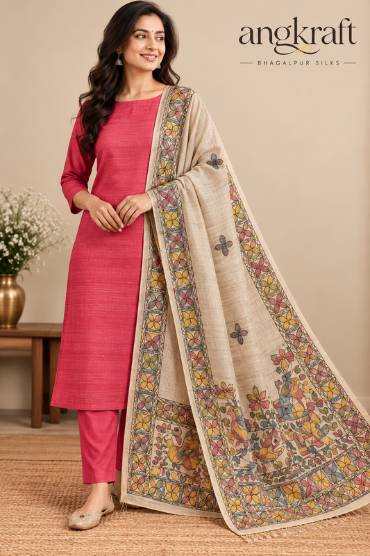 Handwoven Handpainted Madhubani Bhagalpuri Tussar Ghicha Suit Dupatta-Red