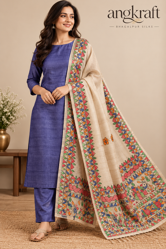 Handwoven Handpainted Madhubani Bhagalpuri Tussar Ghicha Suit Dupatta-Navy Blue
