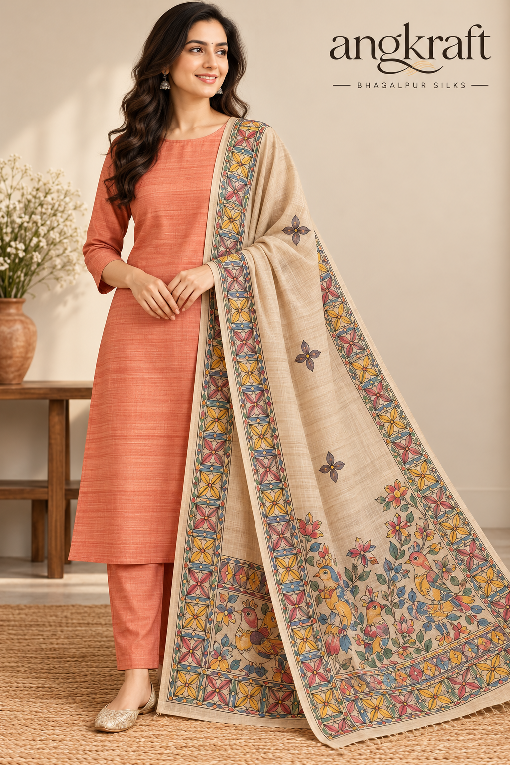 Handwoven Handpainted Madhubani Tussar Ghicha Suit Dupatta-Orange