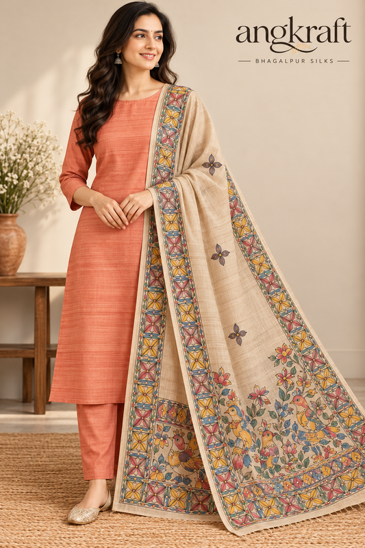 Handwoven Handpainted Madhubani Tussar Ghicha Suit Dupatta-Orange