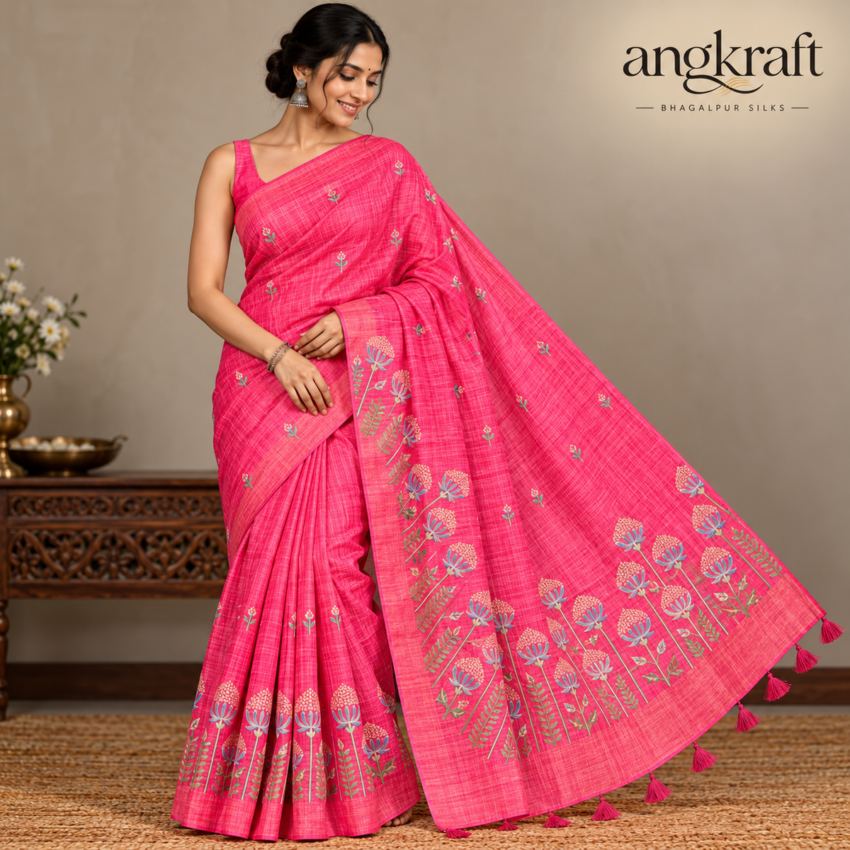 Embroidered Bhagalpuri Tussar Silk Saree-Pink