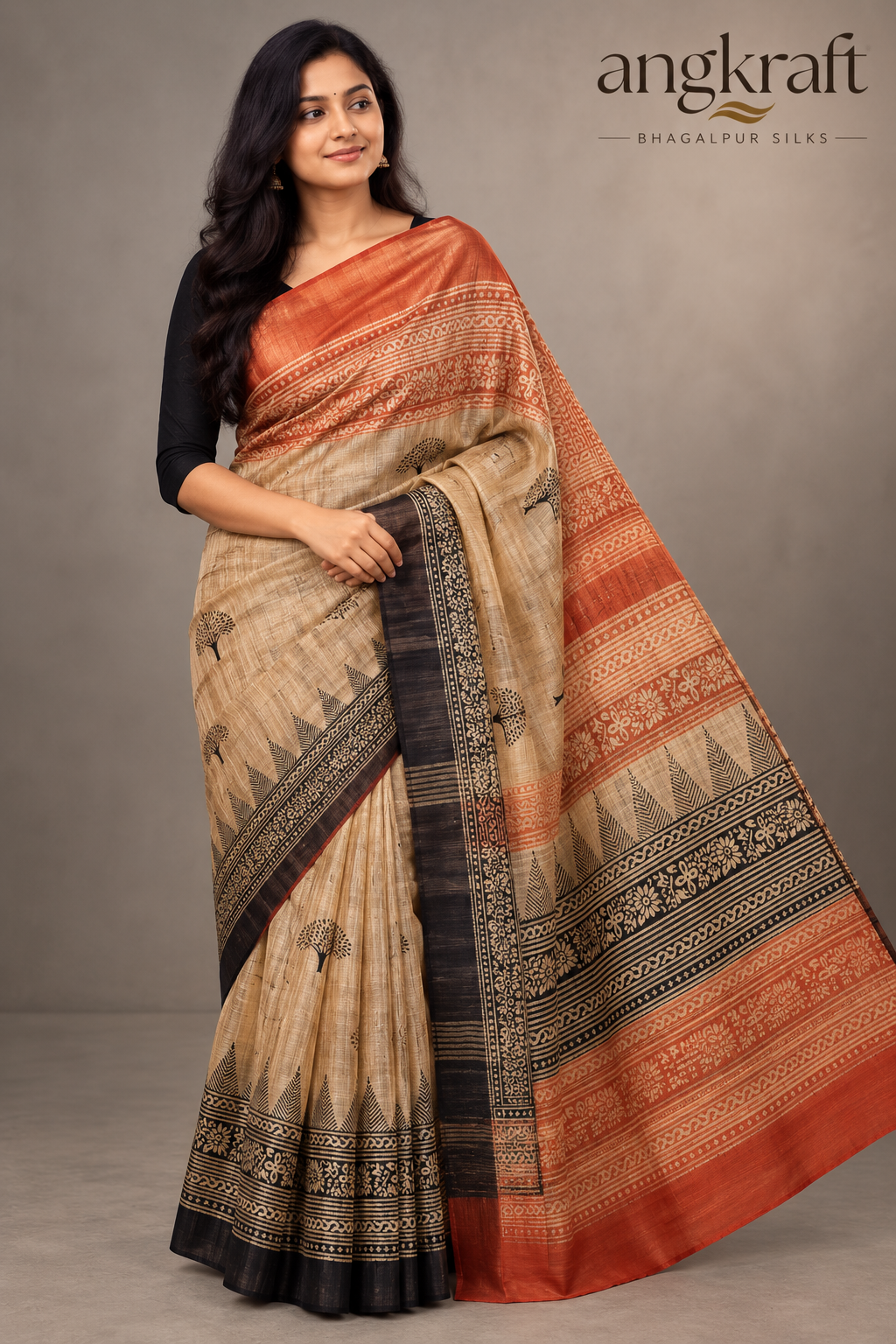Handwoven Screeprinted Bhagalpuri Tussar Ghicha Silk Saree-Beige and Rust