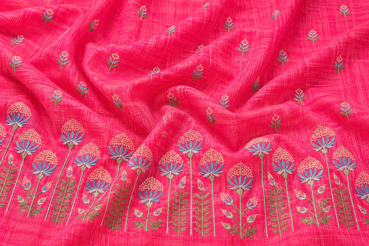Embroidered Bhagalpuri Tussar Silk Saree-Pink