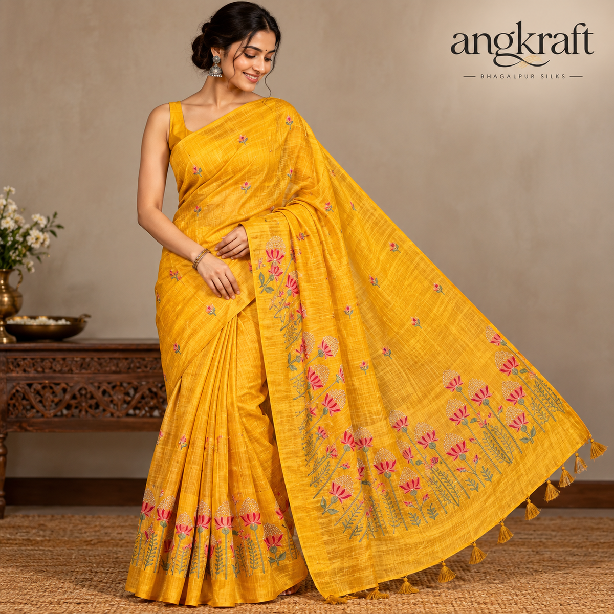 Embroidered Bhagalpuri Tussar Silk Saree-Mustard