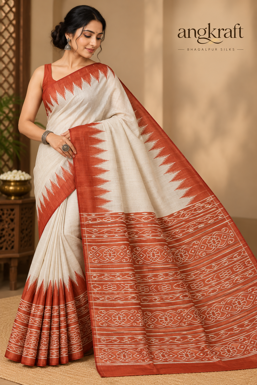 Handwoven Screeprinted Bhagalpuri Tussar Ghicha Silk Saree-Temple Border Rust