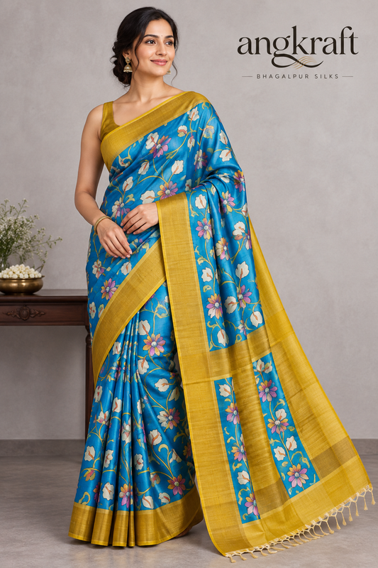 Handwoven Screenprinted Bhagalpuri Tussar Ghicha Silk Saree