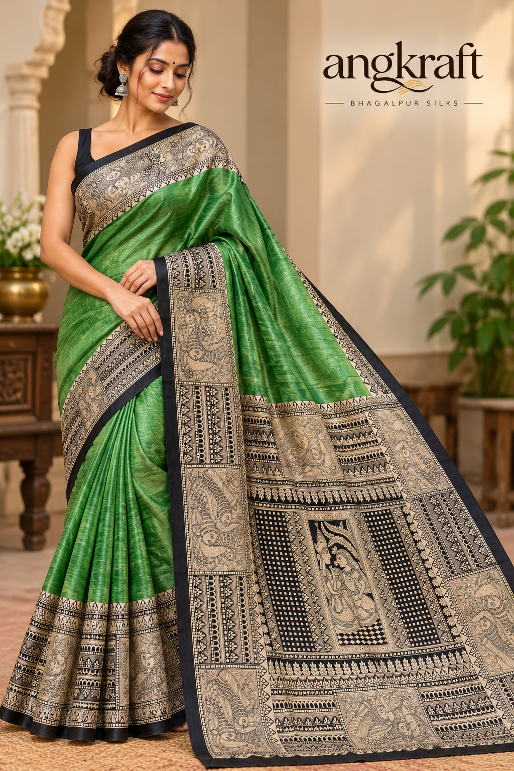 Handwoven Madhubani Screenprinted Bhagalpuri Tussar Ghicha Silk Saree-Heritage Green