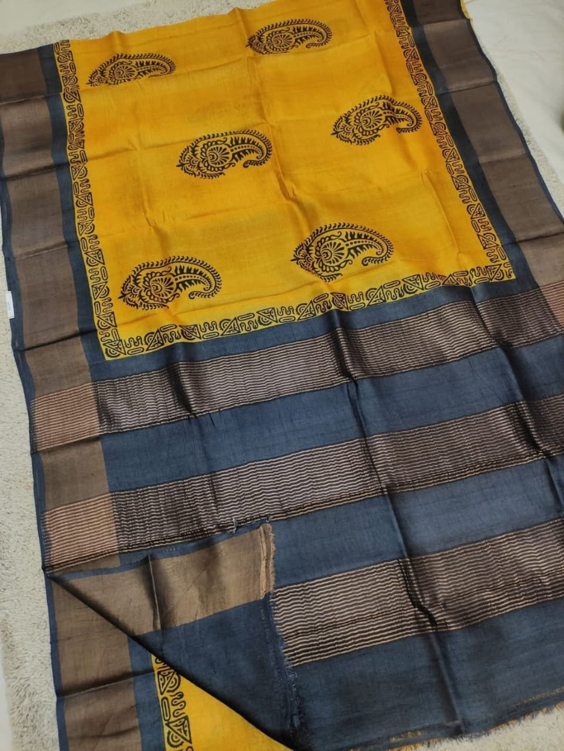 Handwoven Screen Printed Tussar Ghicha Silk Saree-Yellow