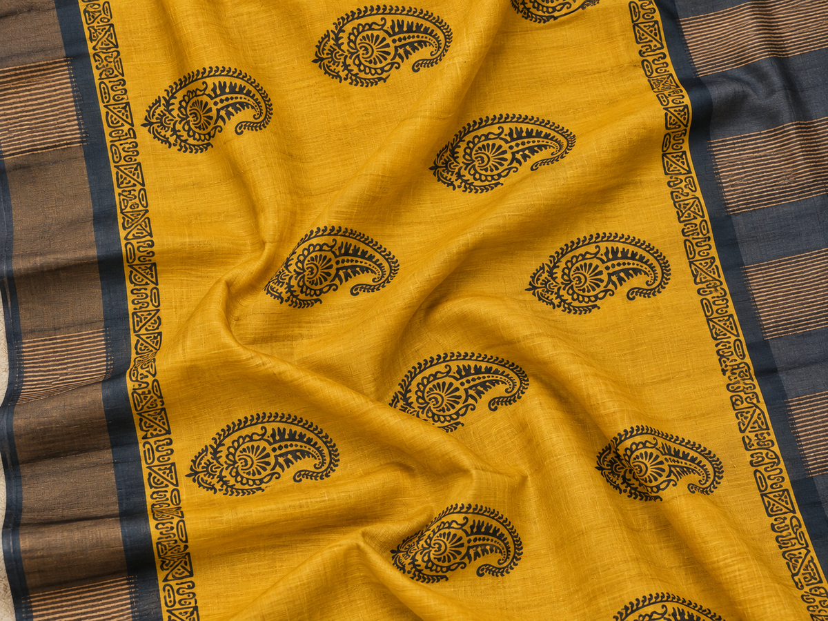 Handwoven Screen Printed Tussar Ghicha Silk Saree-Yellow