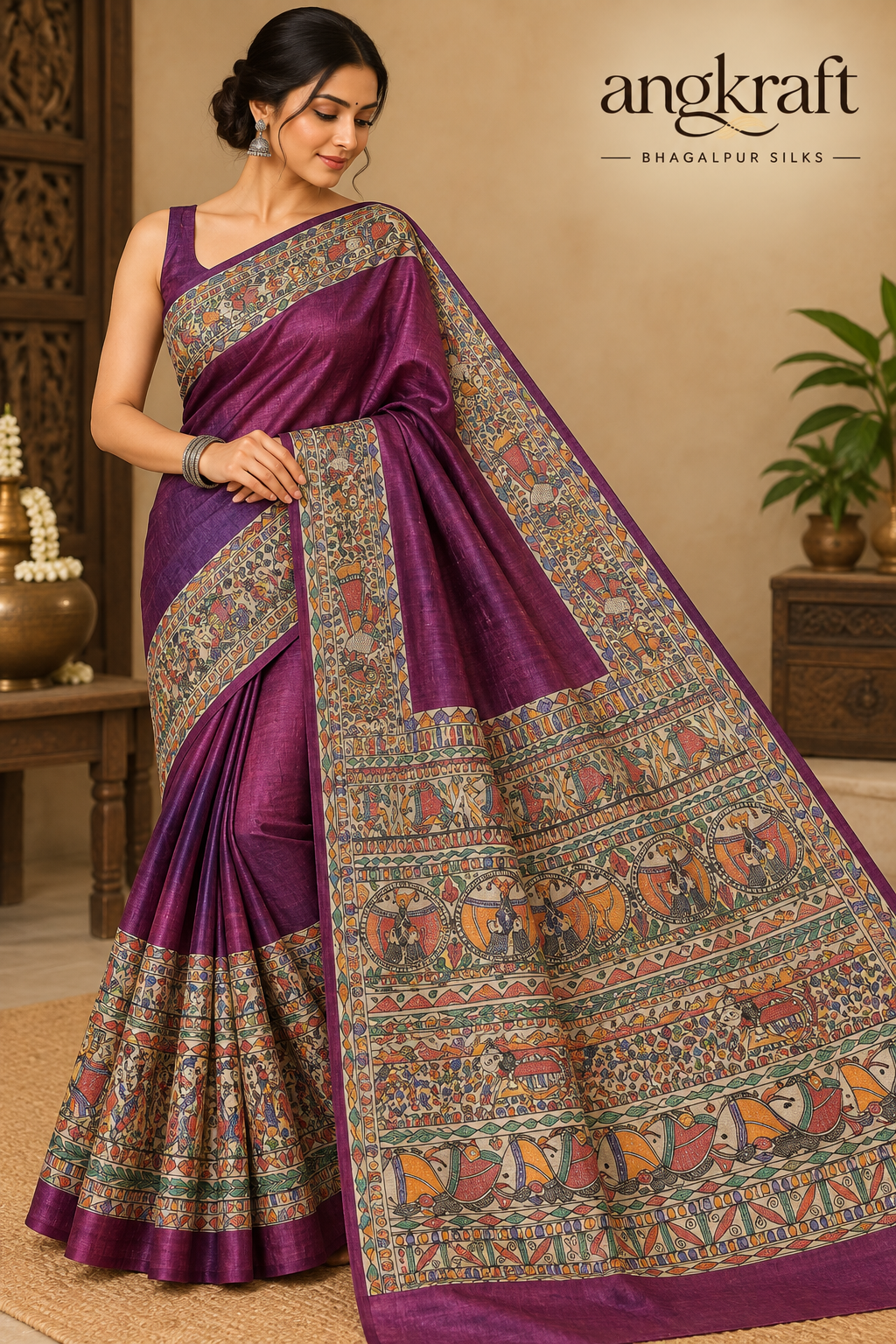 Handwoven Handpainted Madhubani Bhagalpuri Tussar Ghicha Silk Saree-Purple