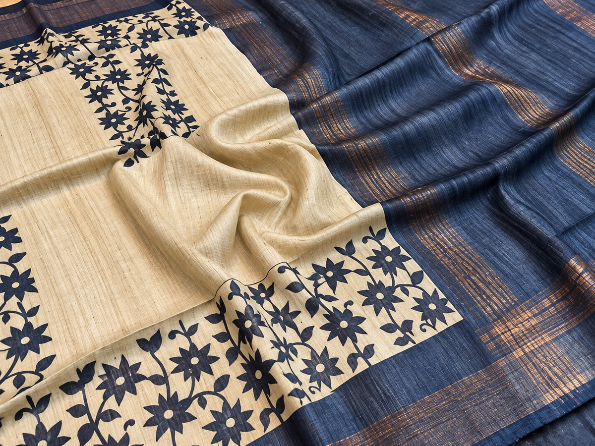 Handwoven Screenprinted Bhagalpuri Tussar Ghicha Silk Saree