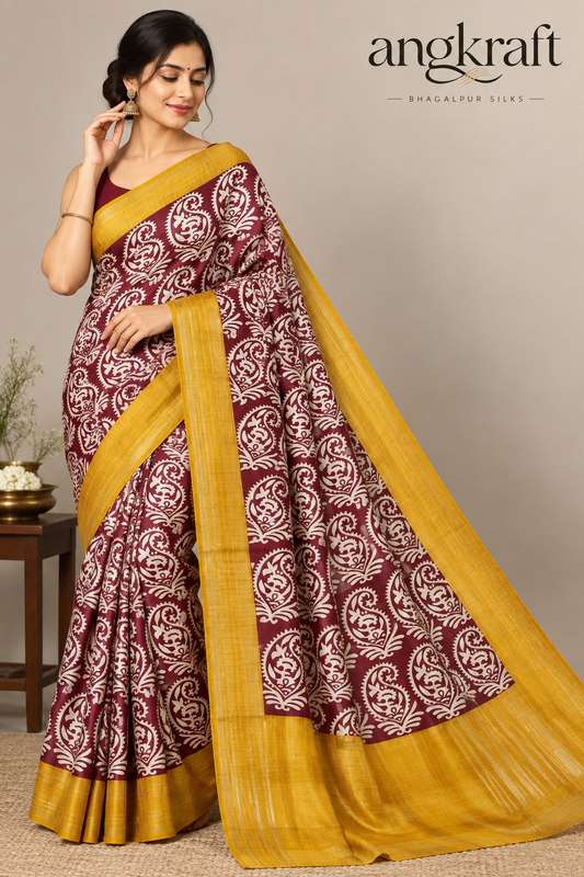 Handwoven Screenprinted Bhagalpuri Tussar Ghicha Silk Saree