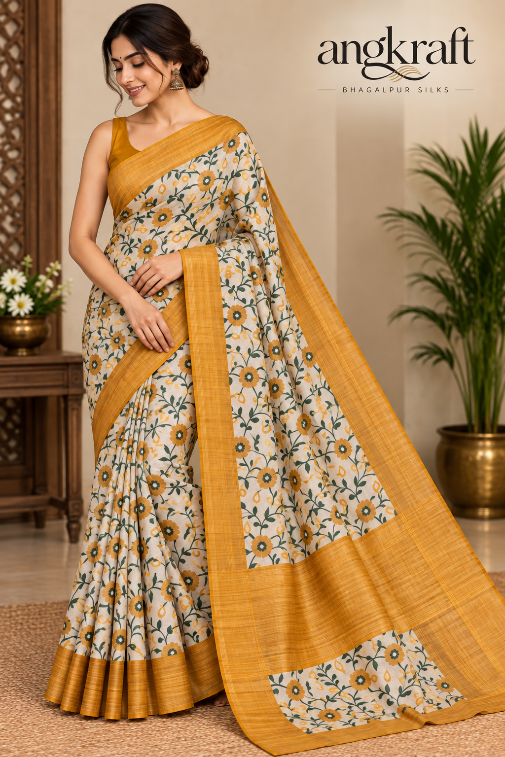 Handwoven Screenprinted Tussar Ghicha Silk Saree-Mustard Yellow and Cream