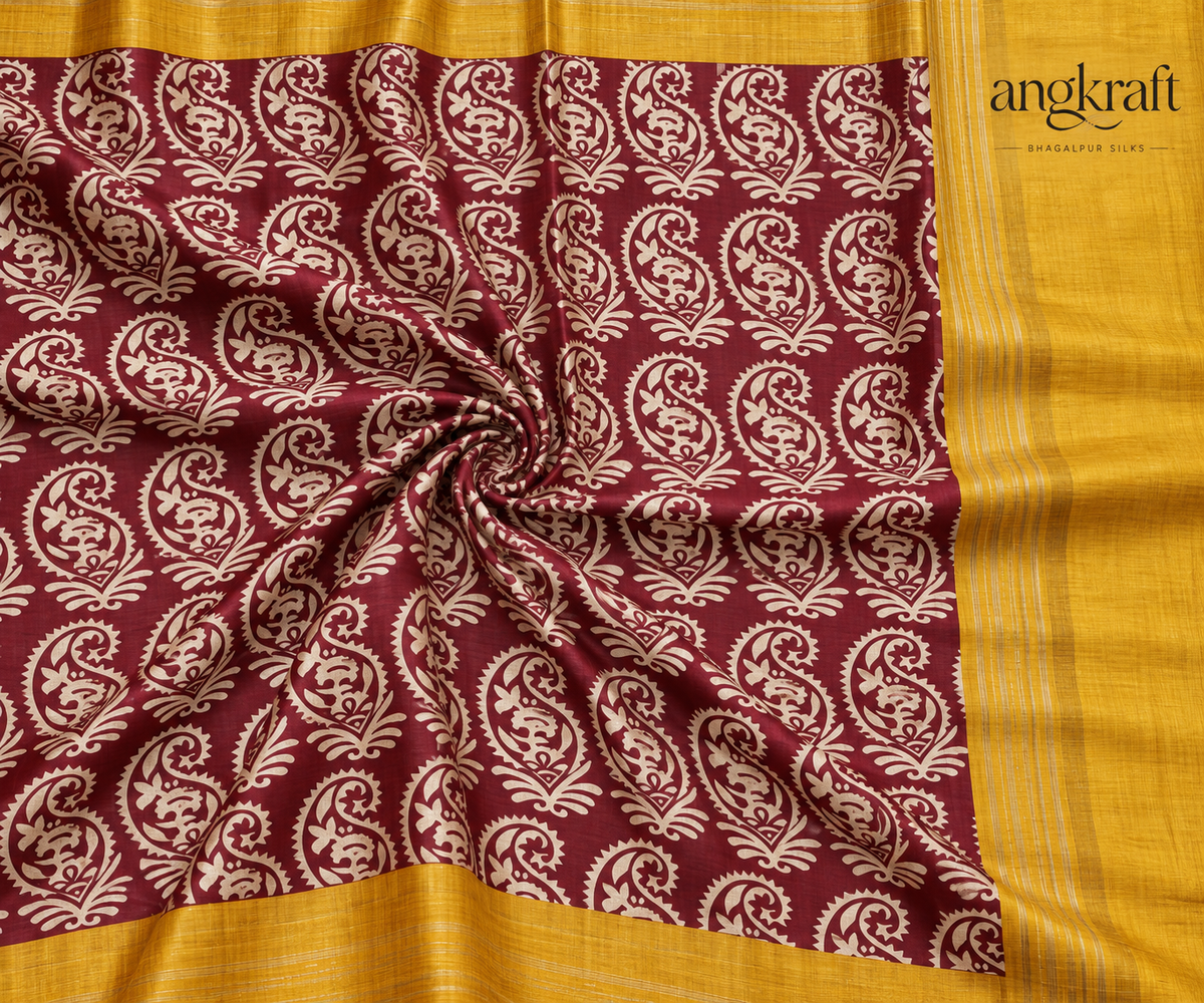 Handwoven Screenprinted Bhagalpuri Tussar Ghicha Silk Saree