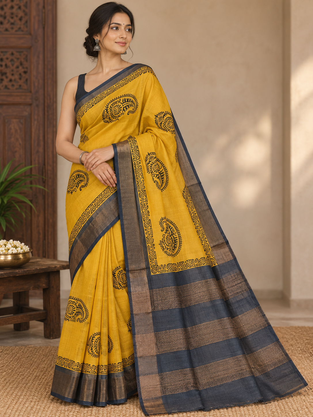 Handwoven Screen Printed Tussar Ghicha Silk Saree-Yellow