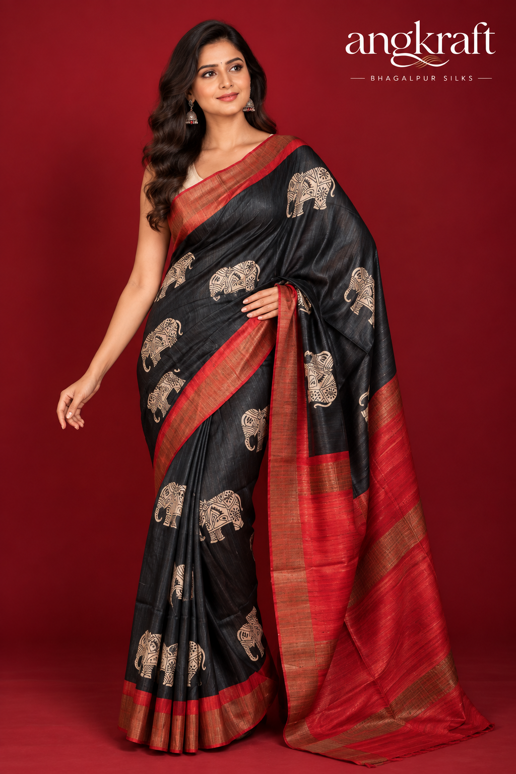 Handwoven Screenprinted Tussar Ghicha Silk Saree-Black