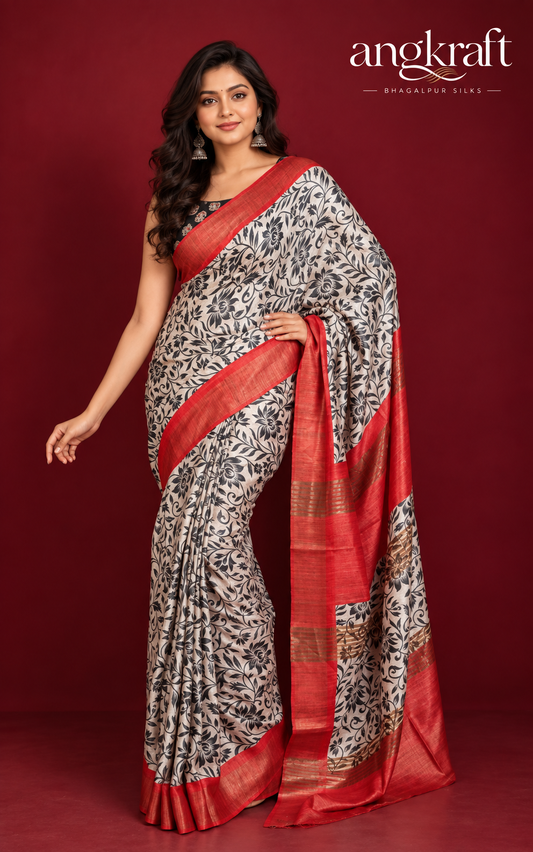 Handwoven Screenprinted Tussar Ghicha Silk Saree